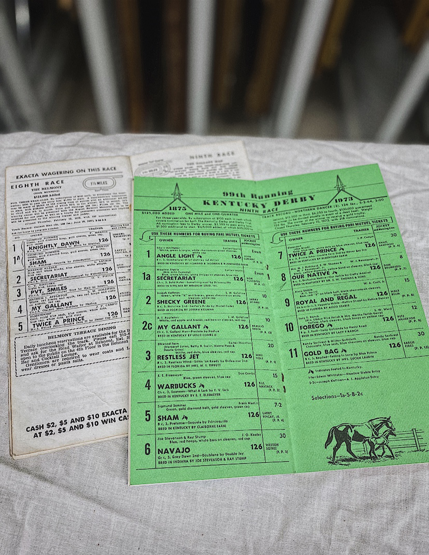 Program from the 1973 Kentucky Derby and Belmont Stakes, won by Secretariat