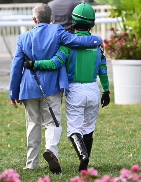 "Trainer-Father, Jockey-Daughter, Hug and Instructions, pre-race!" (2021 - Belmont Park), Thomas Ryan