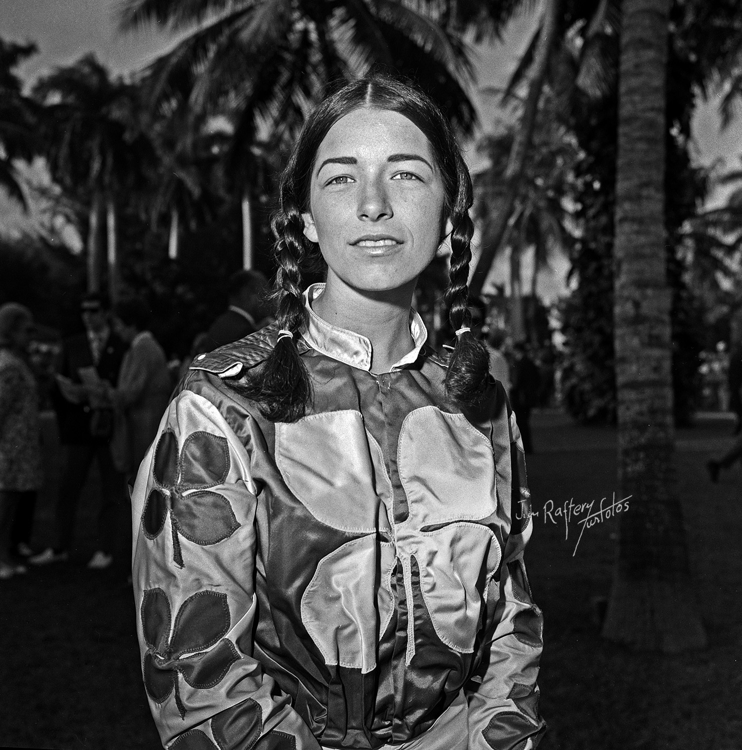 Barbara Jo Rubin at Hialeah Park, Jan. 18, 1969. At the time, she had been scheduled to ride but male jockeys boycotted. As such, she was not the first woman in a U.S. parimutuel race. But she was the first to win one. (Jim Raftery Turfotos)