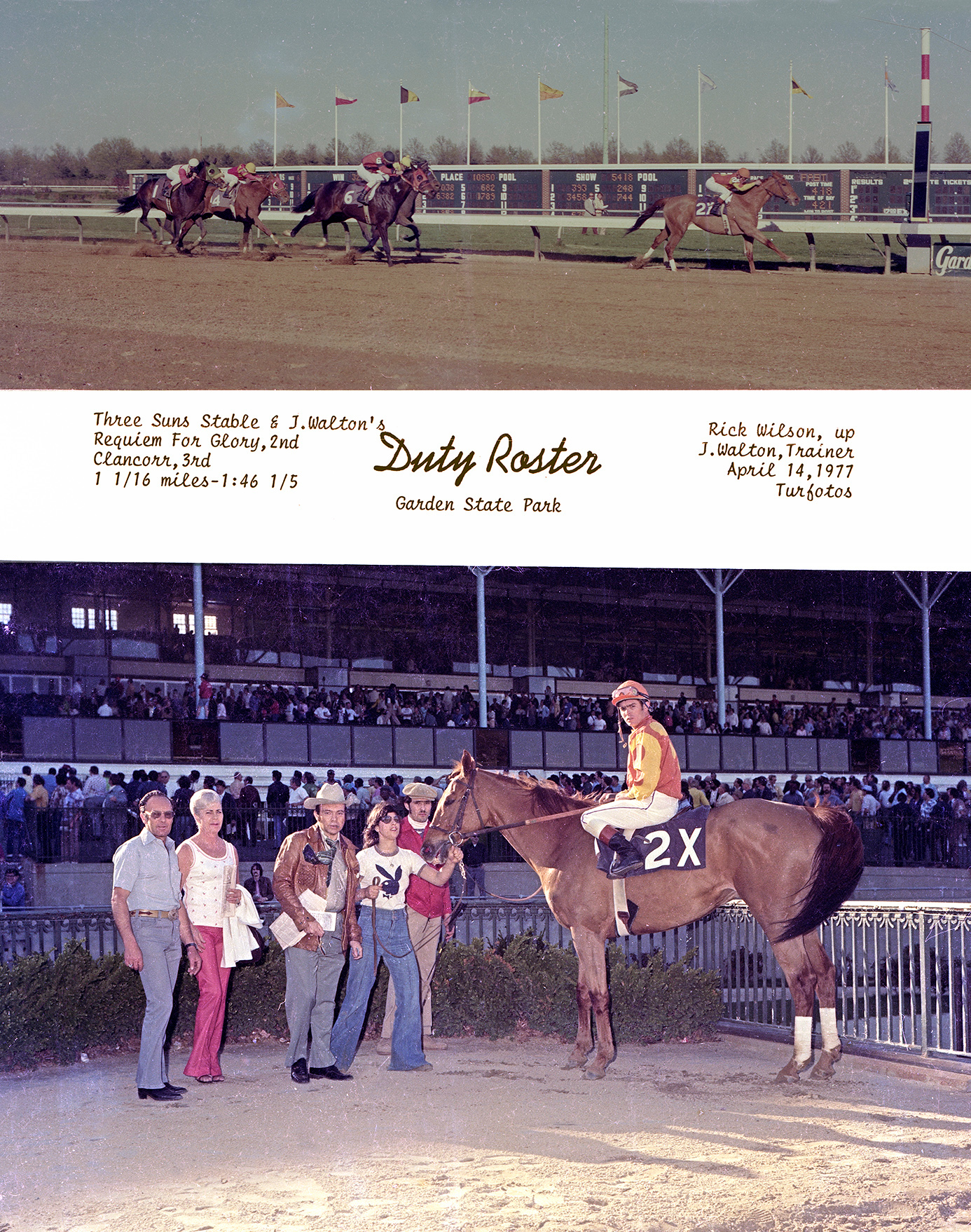 Duty Roster, after winning at Garden State Park on April 14, 1977. At the time, there was a small but growing fire in the building; some patrons can be seen looking off to their left. The entire building was destroyed. (Jim Raftery Turfotos)