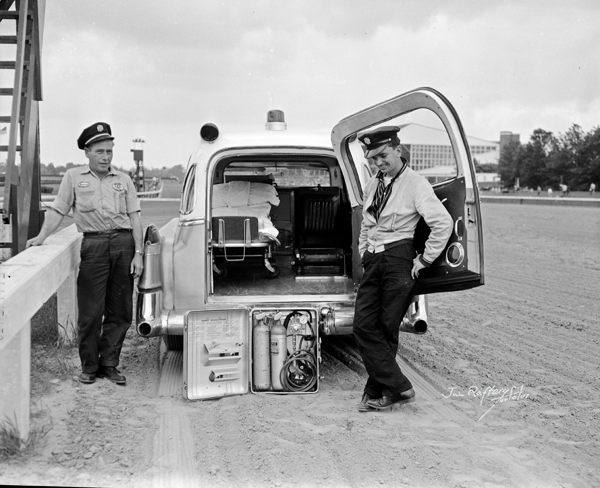 Garden State Park's ambulance, with its "Hasty Resuscitator" (oxygen), May 22, 1961 (Jim Raftery Turfotos)