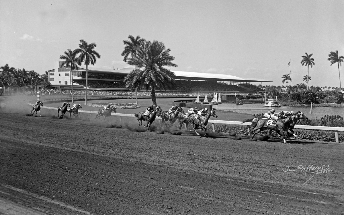 Gulfstream Park, race 2, March 12, 1955. Sailboats and the track's famous boat "Swanee Queen" are visible in the infield pond. (Jim Raftery Turfotos)