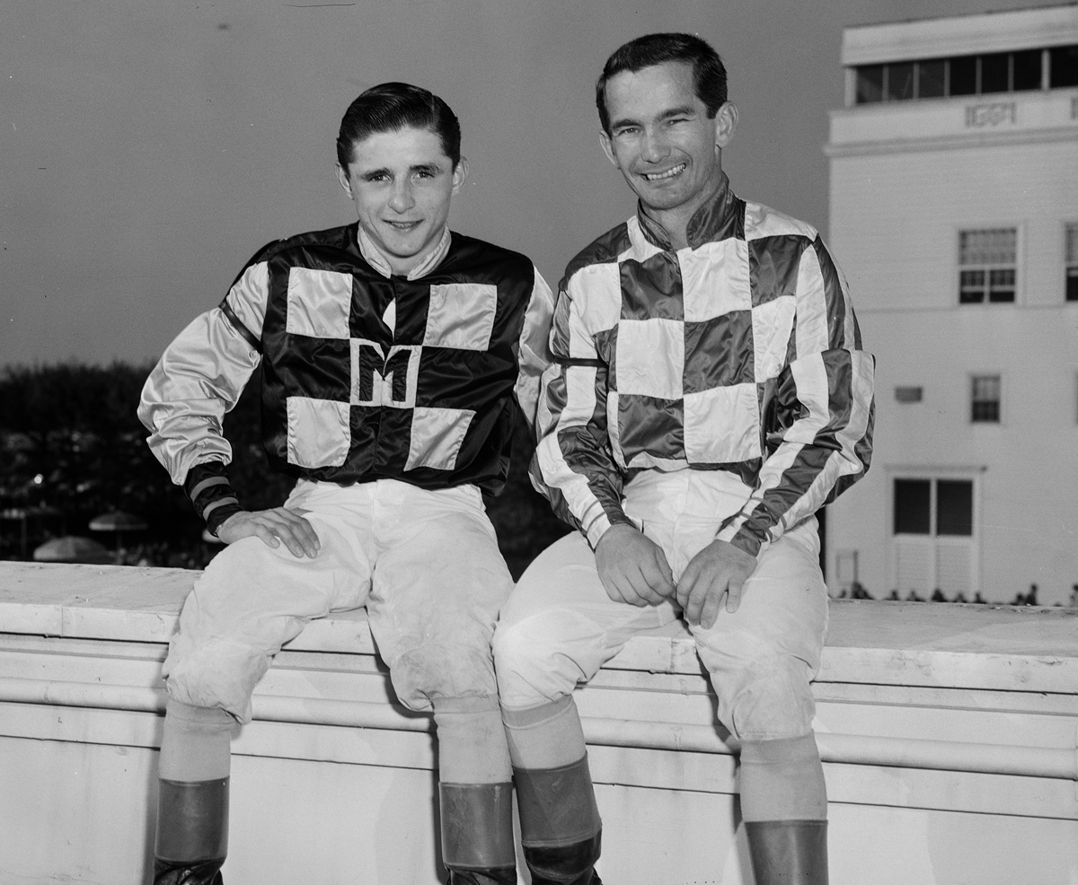 Leading jockey Bill Shoemaker and leading apprentice Ronnie Ferraro, Oct. 22, 1962 (Jim Raftery Turfotos)