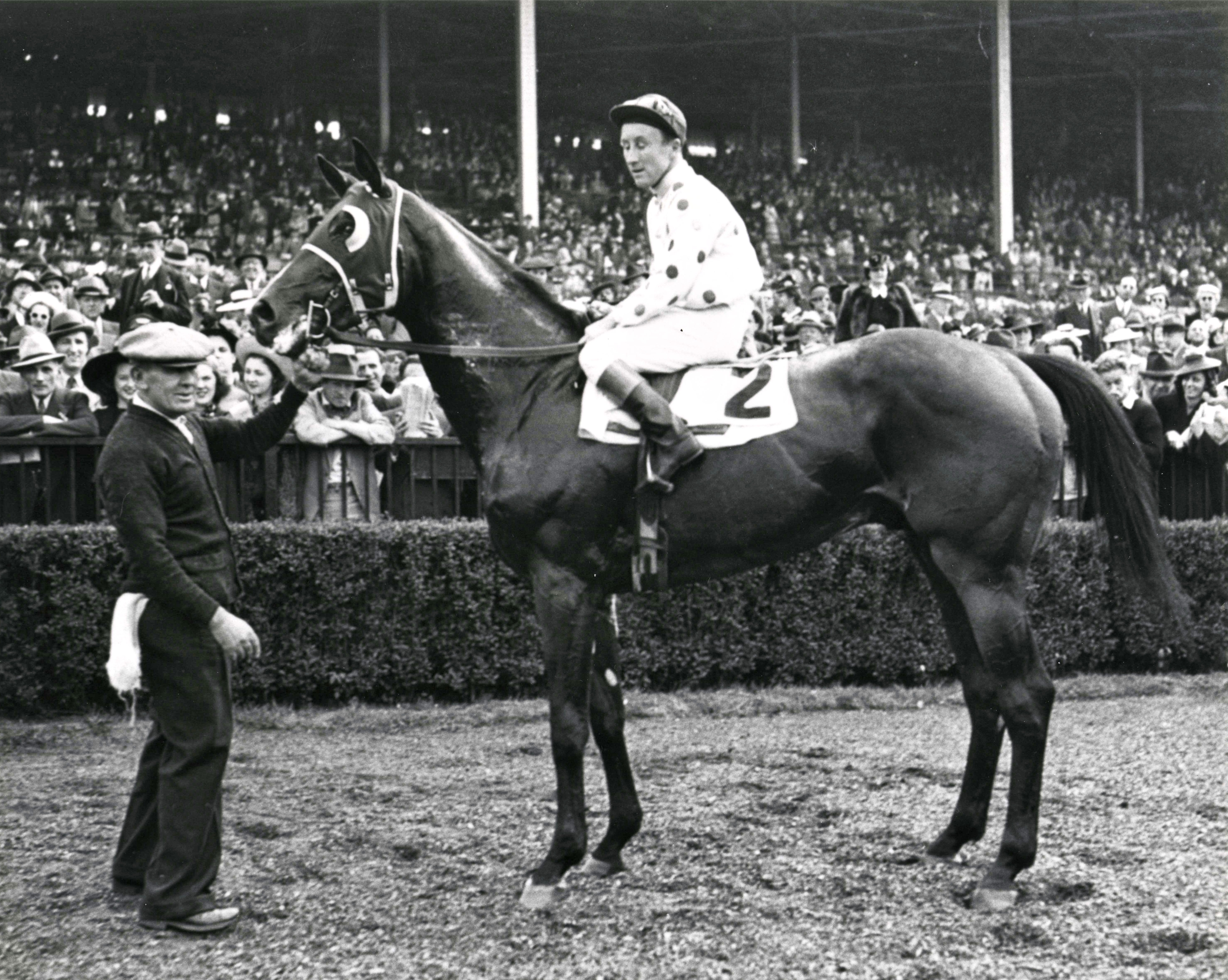 Johnstown (James Stout up) in the winner's circle (Keeneland Library Morgan Collection/Museum Collection)