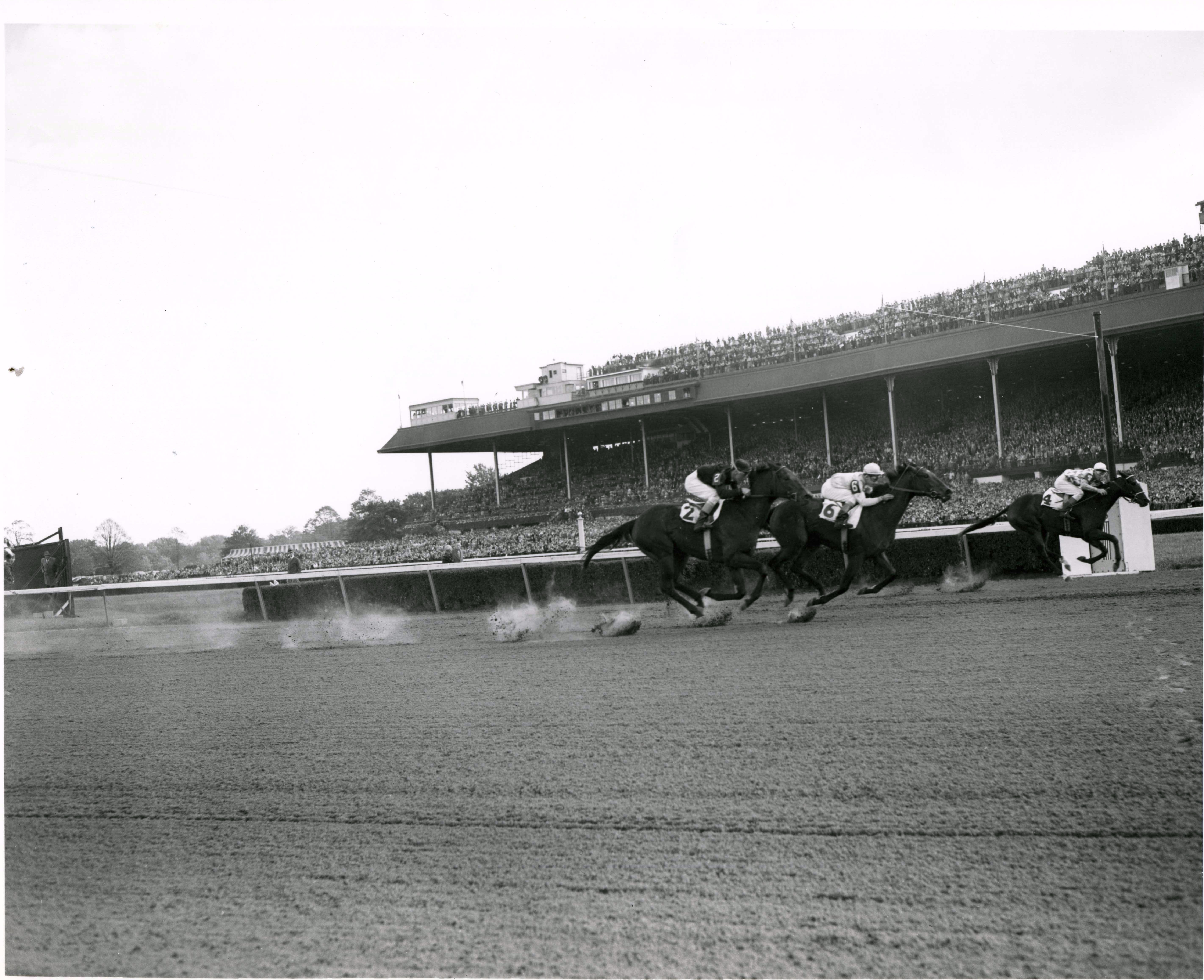 Bed o' Roses (Eric Guerin up) winning the 1949 Matron at Belmont Park (Keeneland Library Morgan Collection/Museum Collection)