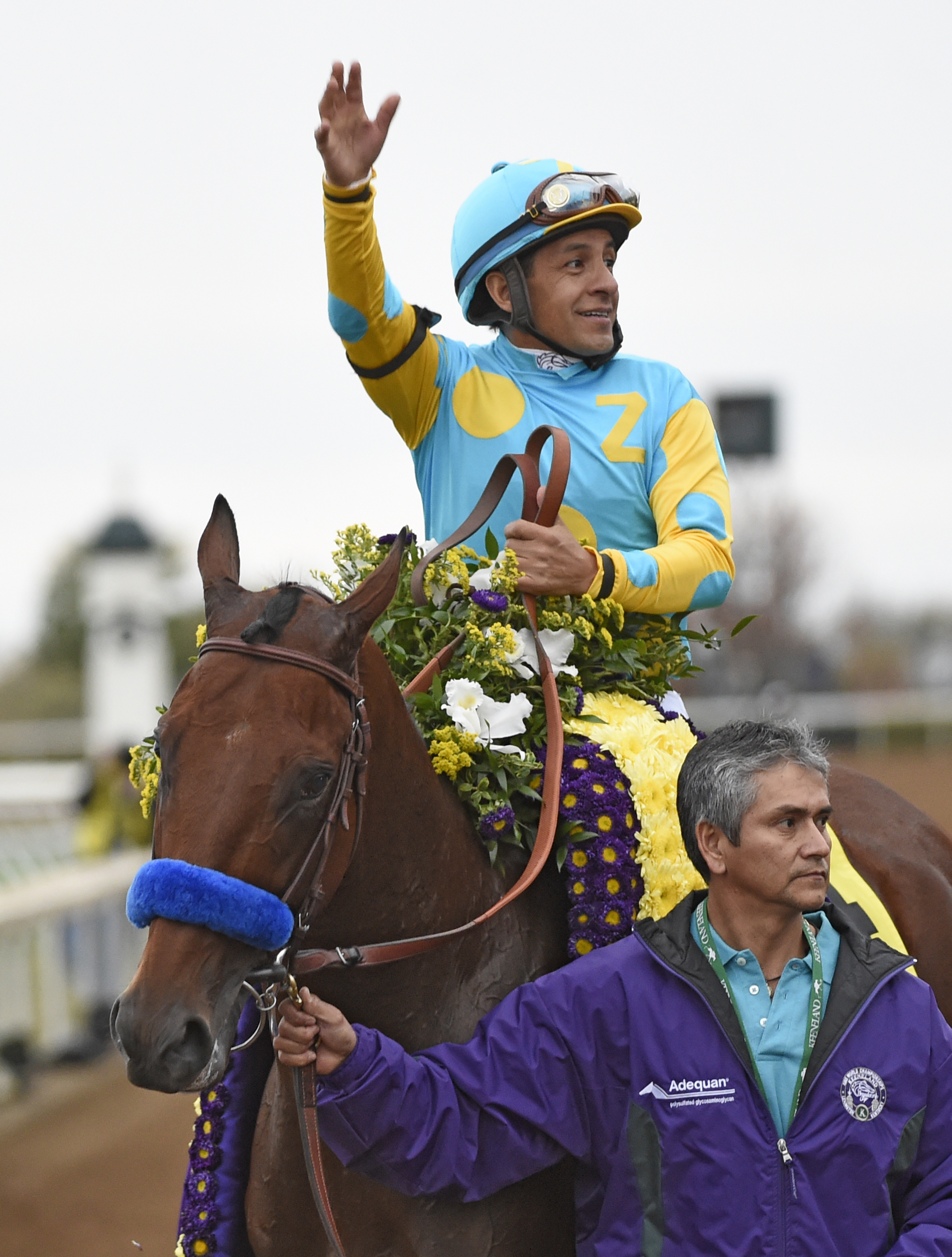 American Pharoah, Victor Espinoza up, after winning the 2015 Breeders' Cup Classic at Keeneland Race Course (Skip Dickstein)