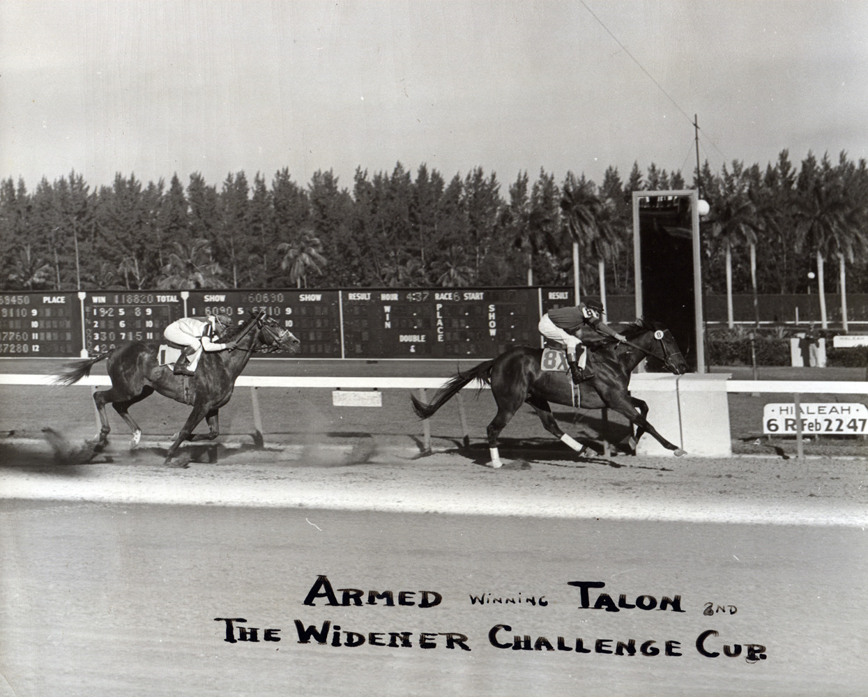 Armed (Doug Dodson up) defeating Talon in the 1947 Widener Handicap at Hialeah Park (Museum Collection)