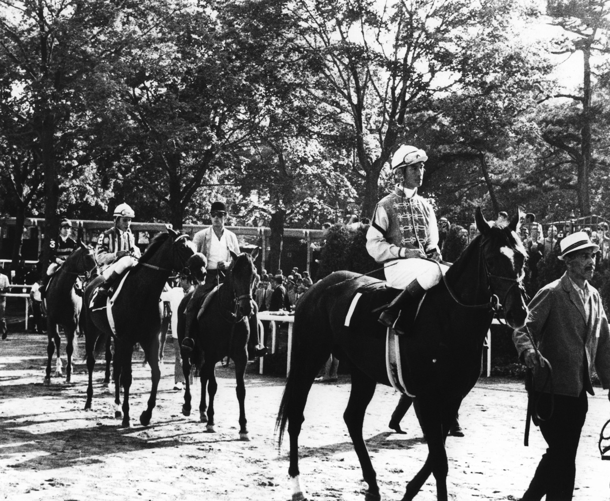 Arts and Letters (Braulio Baeza up) leaving the paddock for the 1969 Belmont Stakes (NYRA/Museum Collection)