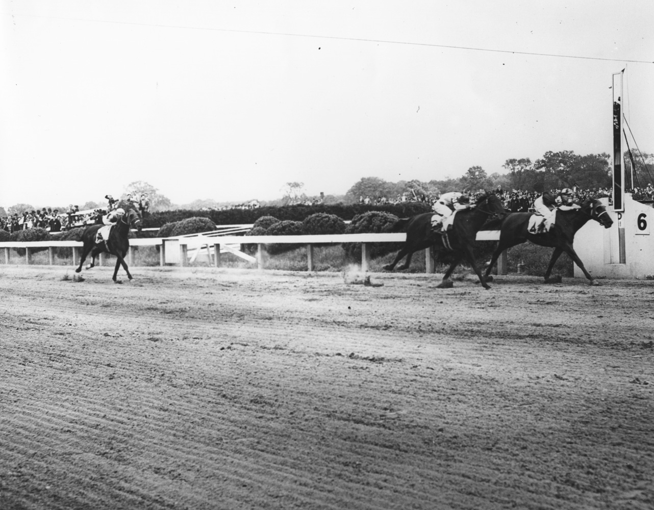 Assault (Warren Mehrtens up) winning the 1946 Preakness Stakes at Pimlico (Keeneland Library Morgan Collection/Museum Collection)