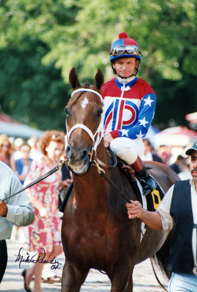 Azeri (Pat Day up) leaving the paddock for the 2004 Go for Wand Handicap at Saratoga (Mike Pender/Museum Collection)