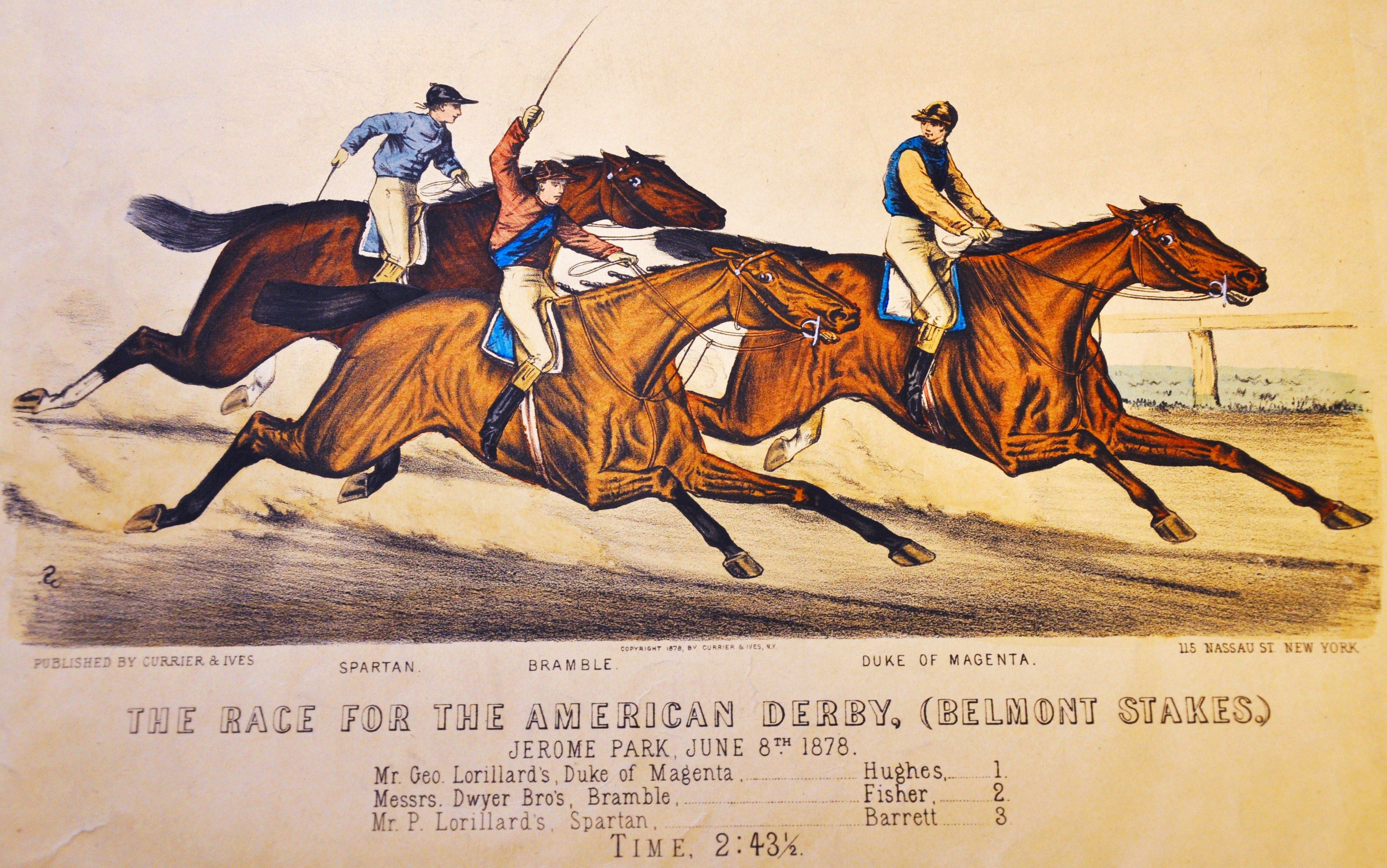 Currier & Ives print depicting the 1878 Belmont Stakes at Jerome Park, won by Duke of Magenta (Museum Collection)