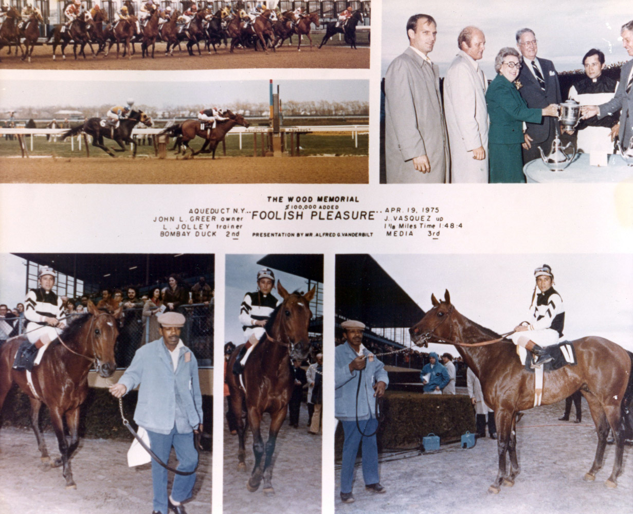 Win composite photograph of the 1975 Wood Memorial, won by Foolish Pleasure (Jacinto Vasquez up) (NYRA/Museum Collection)