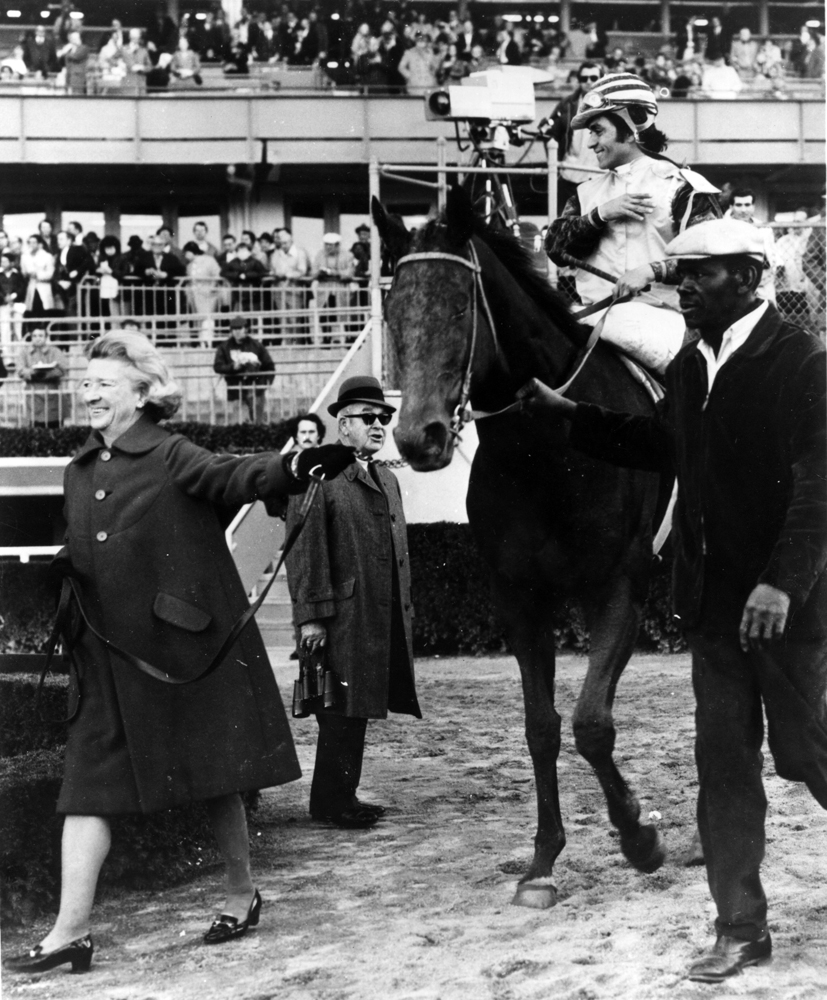 Martha Gerry leading Forego (H. Gustines up) into the winner's circle (Museum Collection)