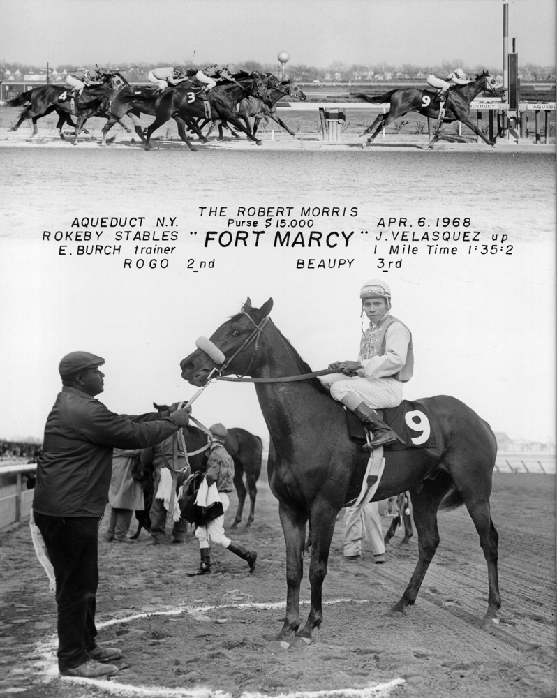 Win composite photograph for the 1968 Robert Morris at Aqueduct, won by Fort Marcy (Jorge Velasquez up) (NYRA/Museum Collection)