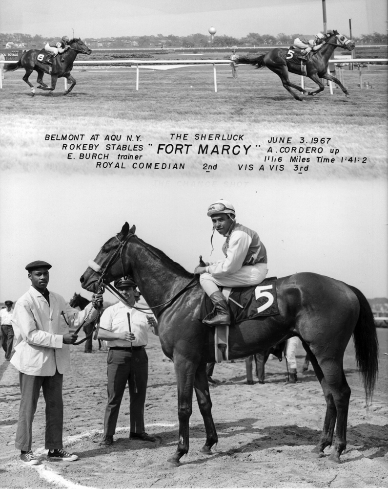 Win composite photograph for the 1967 Sherluck during the Belmont at Aqueduct meet, won by Fort Marcy (Angel Cordero up) (NYRA/Museum Collection)