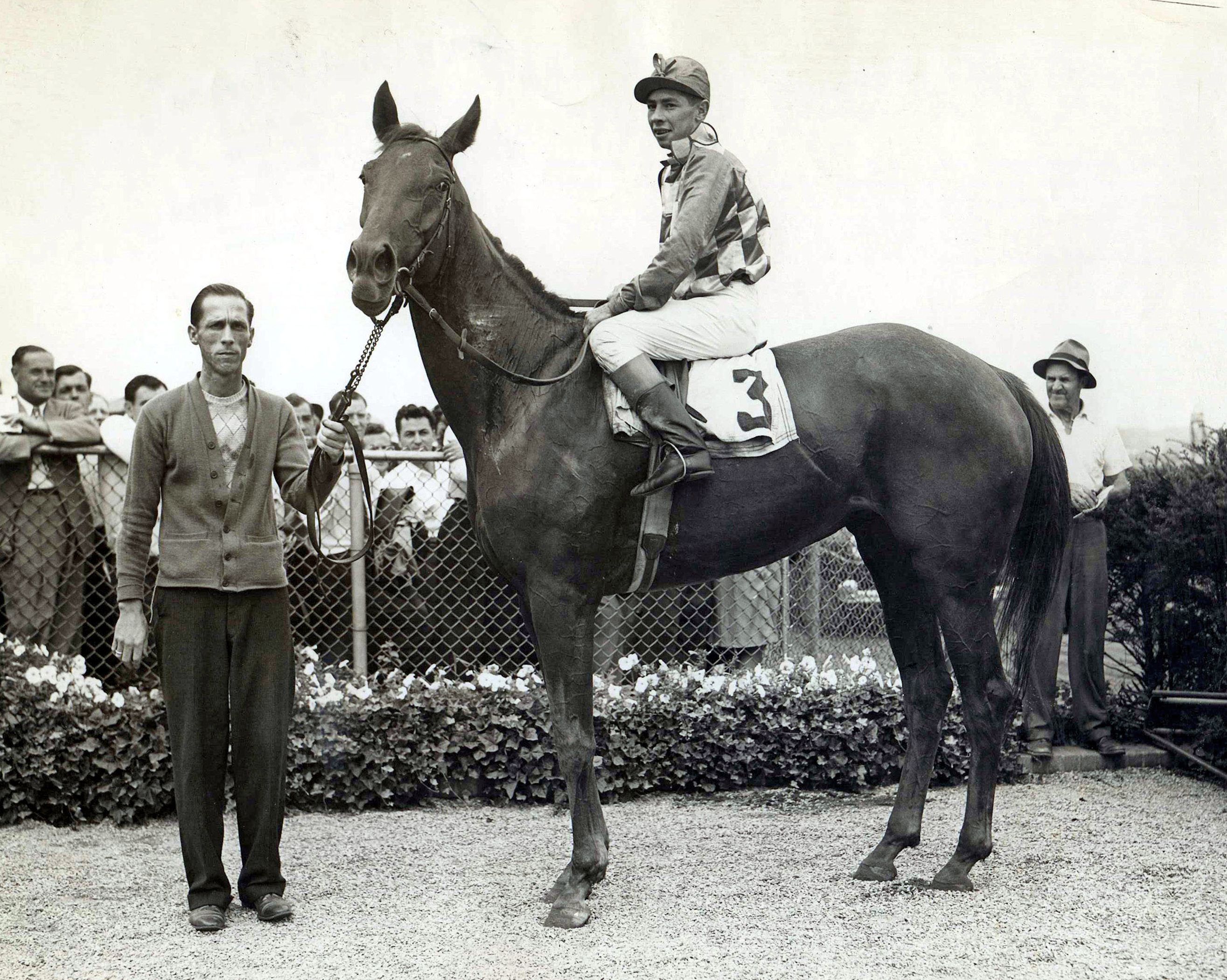 Gallorette with Job D. Jessop up in the winner's circle, undated (Bert Morgan/Museum Collection)