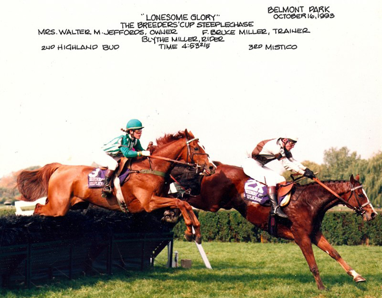 Lonesome Glory, Blythe Miller up, winning the 1993 Breeders' Cup Steeplechase (Courtesy of Bruce Miller)