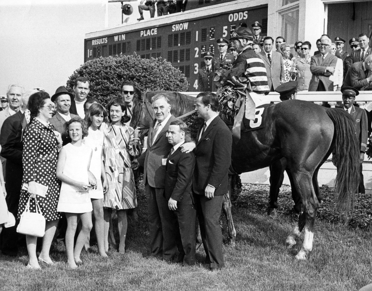 Majestic Prince and his connections (including his trainer, Hall of Fame jockey Johnny Longden) in the winner's circle for the 1969 Kentucky Derby (Museum Collection)