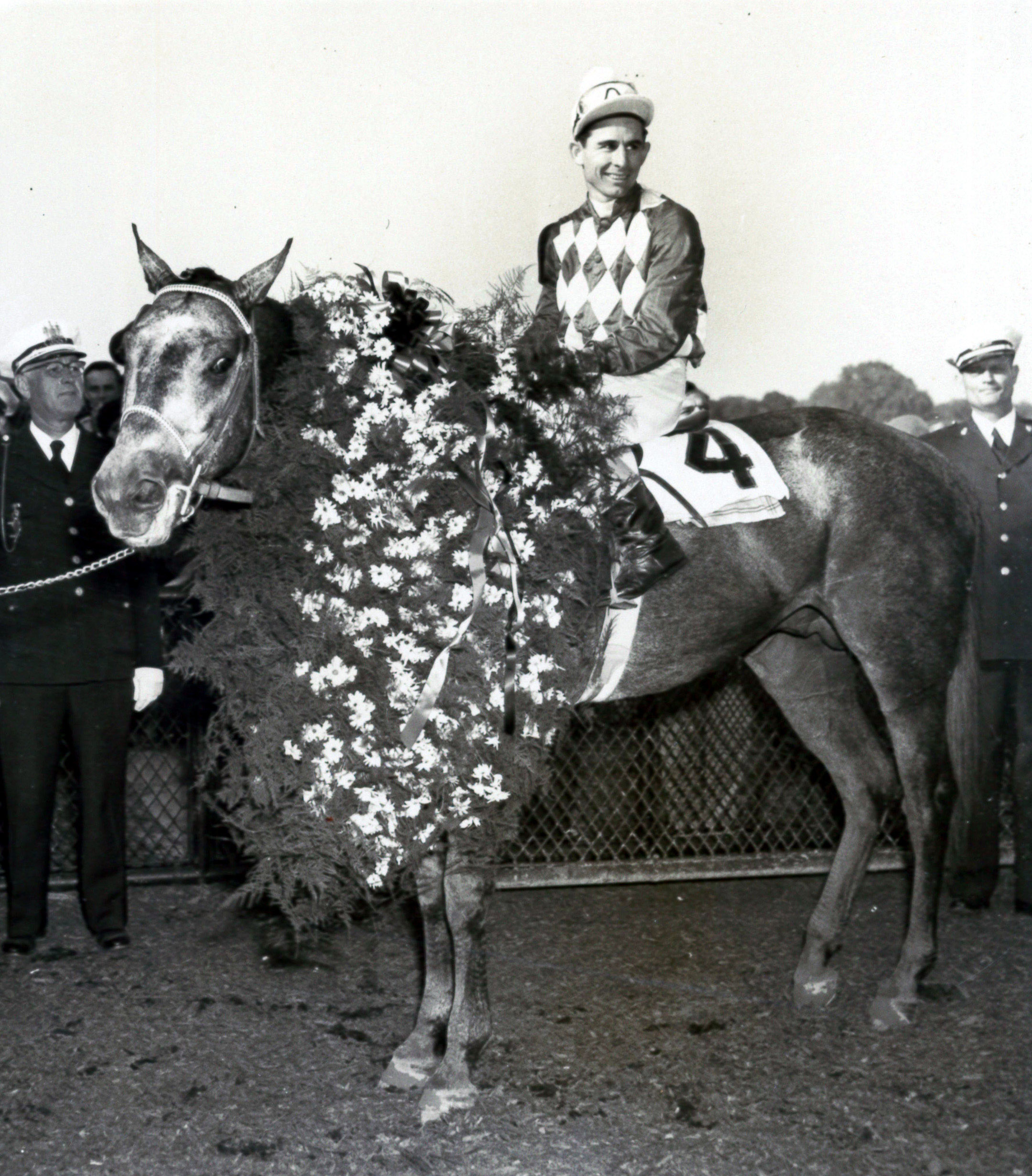 Native Dancer (Eric Guerin up) in the winner's circle for the 1953 Preakness Stakes (Museum Collection)