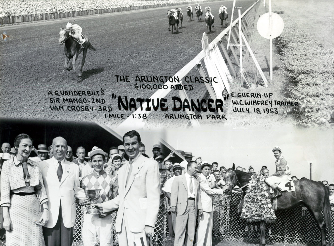 Win composite photograph for the 1953 Arlington Classic, won by Native Dancer with Eric Guerin up (Museum Collection)