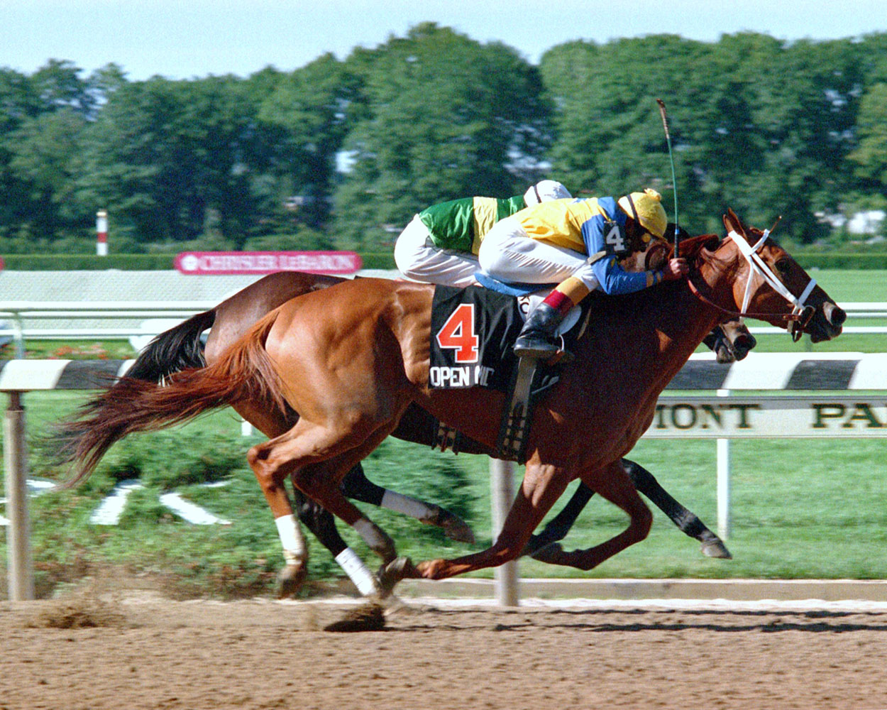 Open Mind (Angel Cordero up) winning the 1989 Mother Goose at Belmont by a head (NYRA)