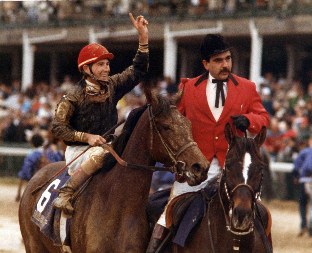Personal Ensign (Randy Romero up) after winning the 1988 Breeders' Cup Distaff, her final career race (Museum Collection)