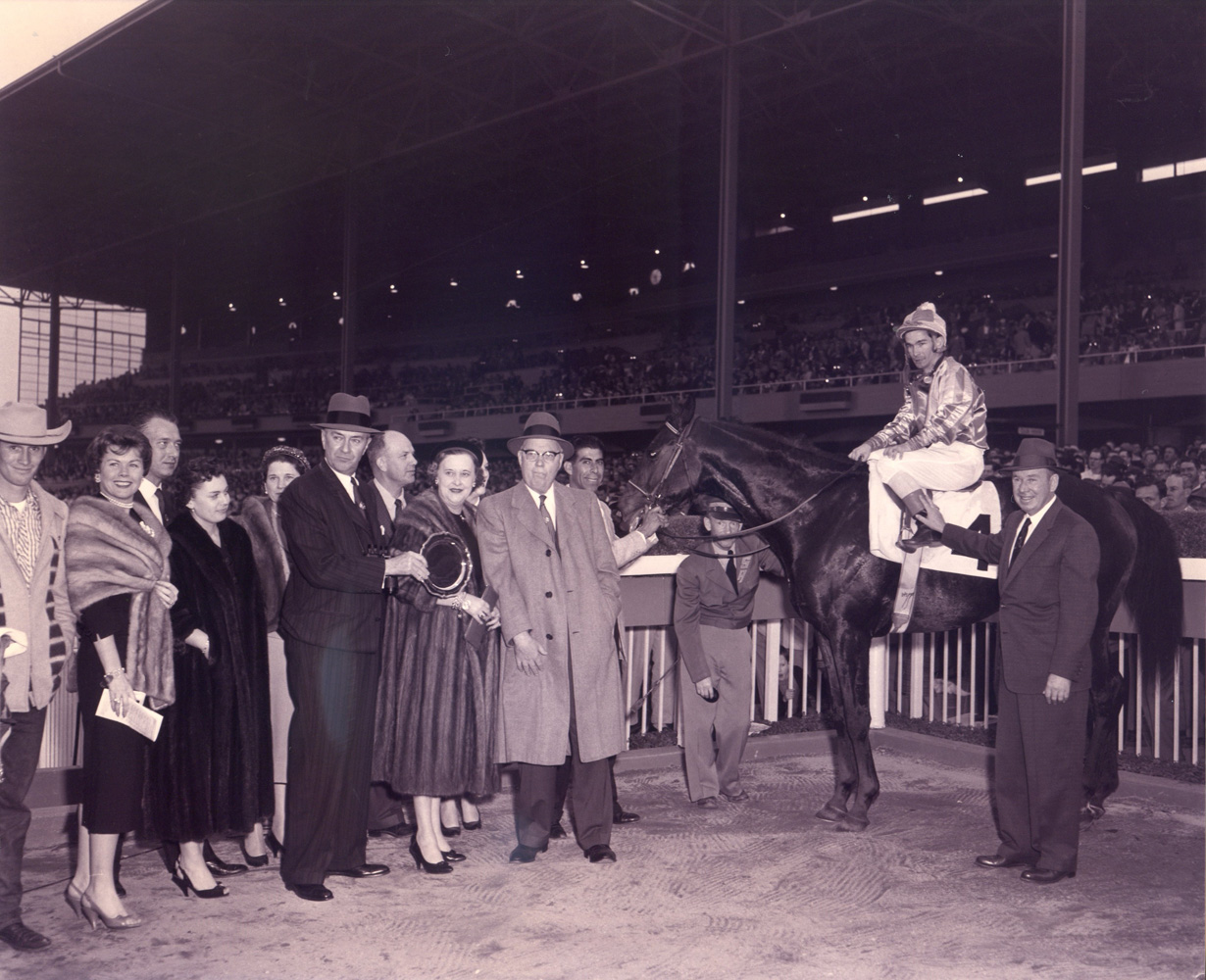 Round Table (Bill Shoemaker up) in the winner's circle for the 1958 San Fernando Stakes at Santa Anita Park (Santa Anita Photo/Museum Collection)