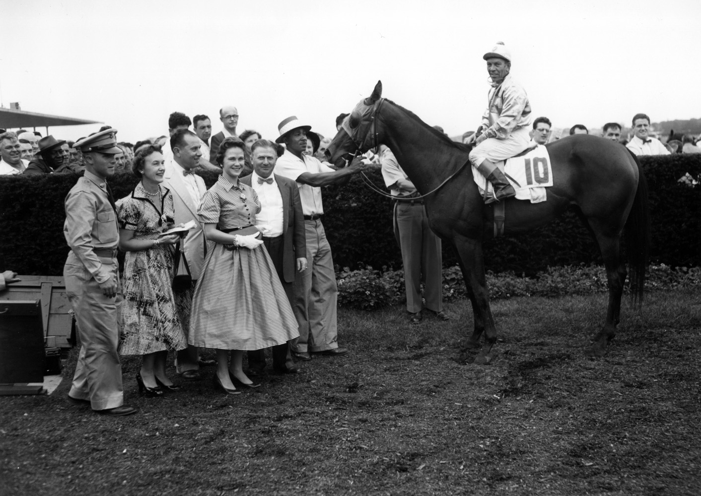 Searching (Conn McCreary up) in the winner's circle for the 1955 Vagrancy Handicap (Keeneland Library Morgan Collection/Museum Collection)