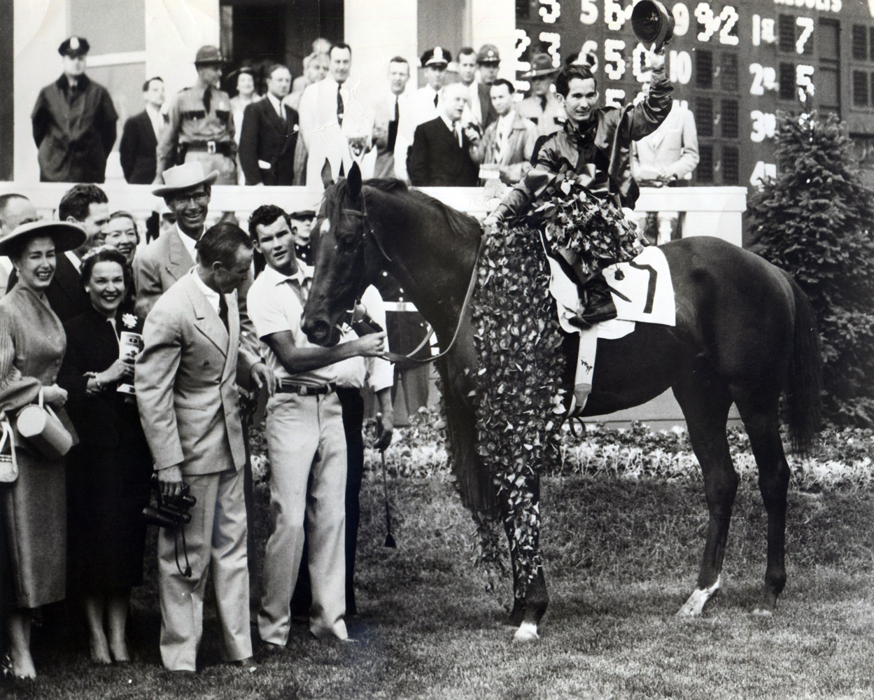 Swaps (Bill Shoemaker up) in the winner's circle for the 1955 Kentucky Derby (Museum Collection)