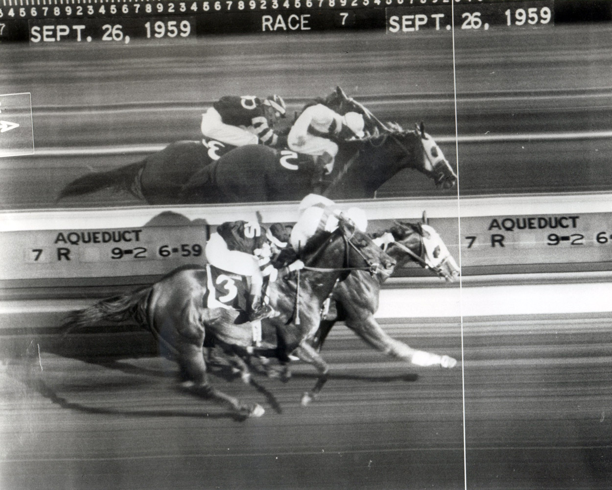 Photo finish for the 1959 Woodward, won by Sword Dancer over Hillsdale (Keeneland Library Morgan Collection/Museum Collection)