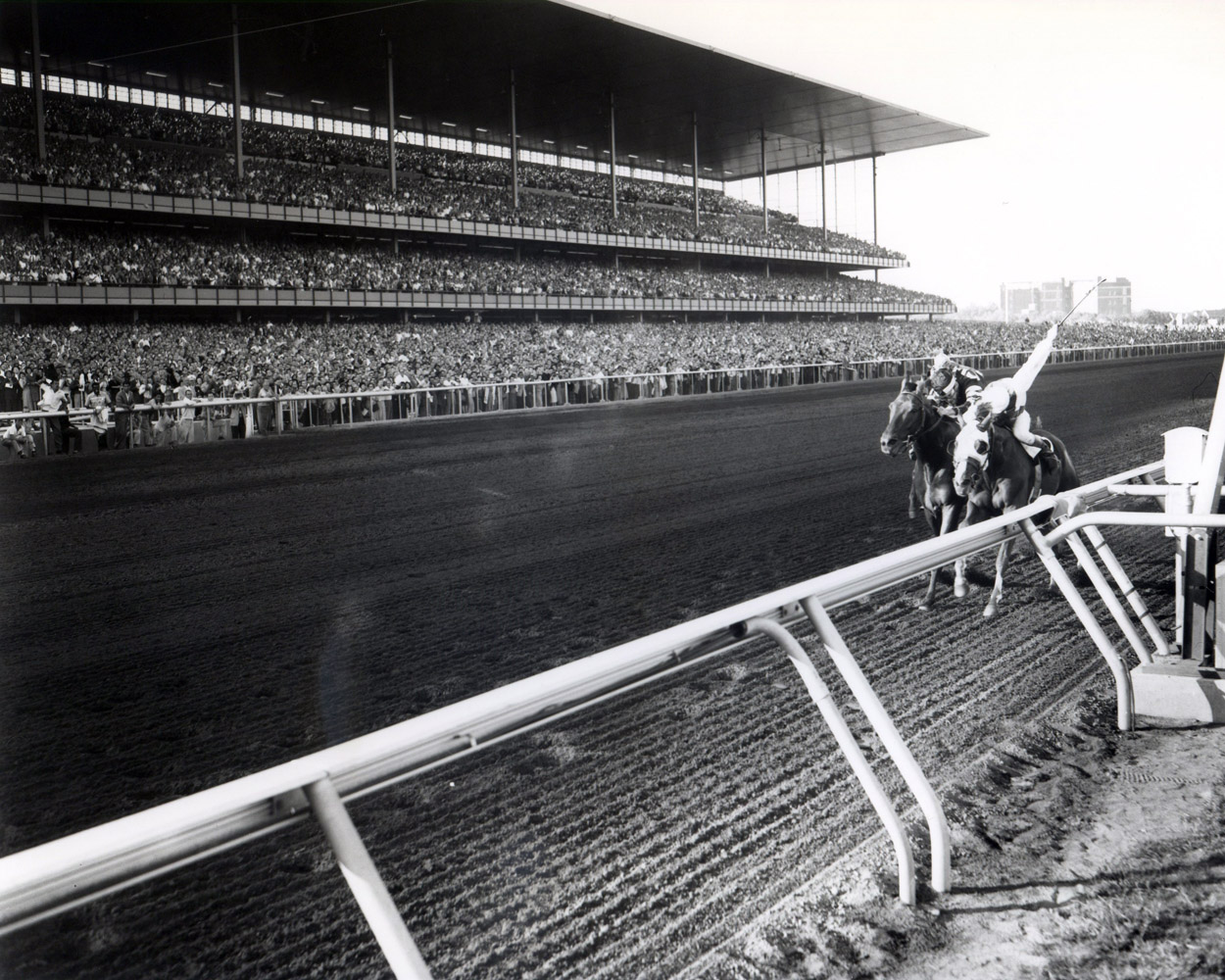 Sword Dancer (Eddie Arcaro up) dueling down the stretch in the 1959 Woodward at Aqueduct (Keeneland Library Morgan Collection/Museum Collection)