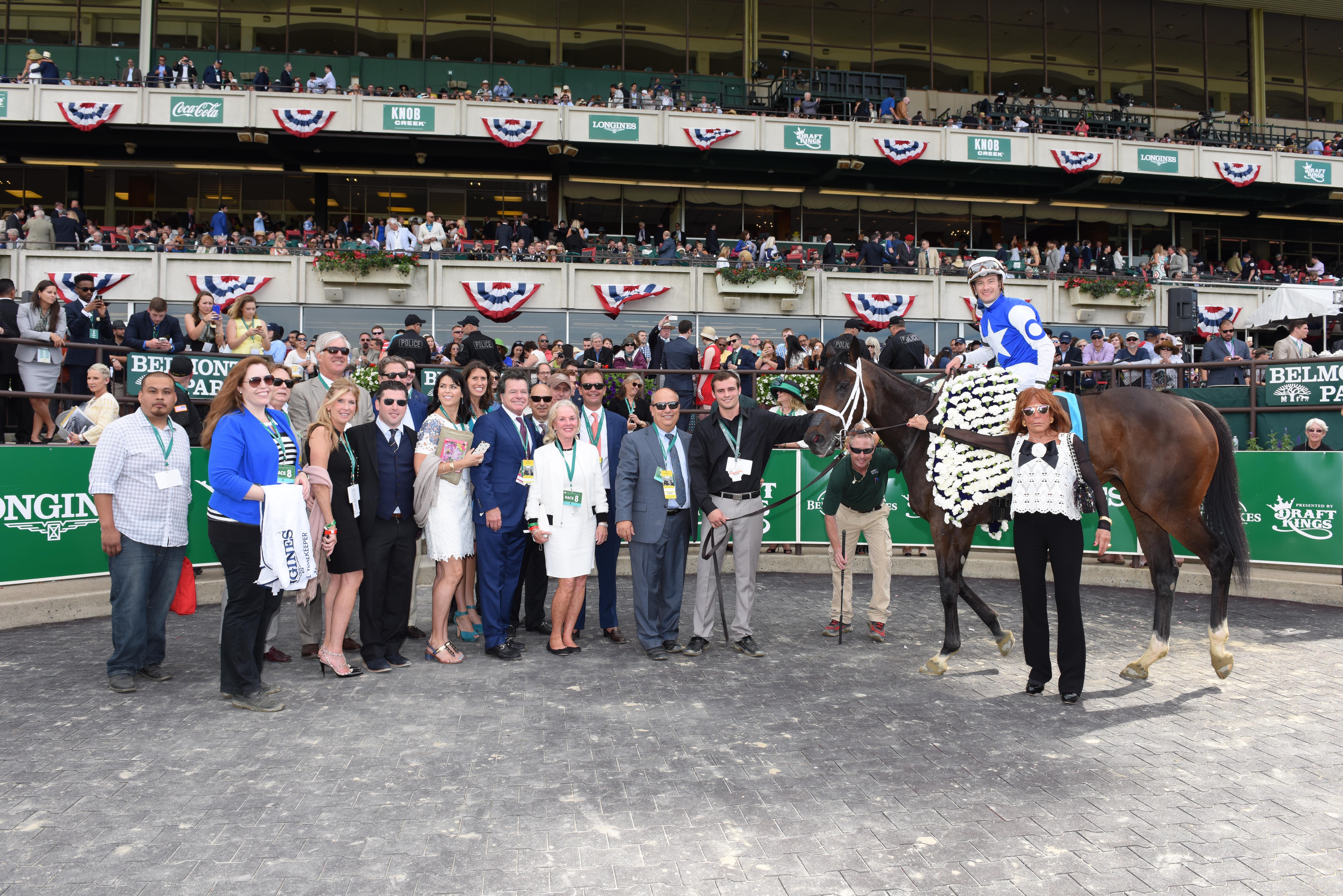 Tepin and connections in the winner's circle at Belmont after the 2015 Just a Game Stakes (NYRA)