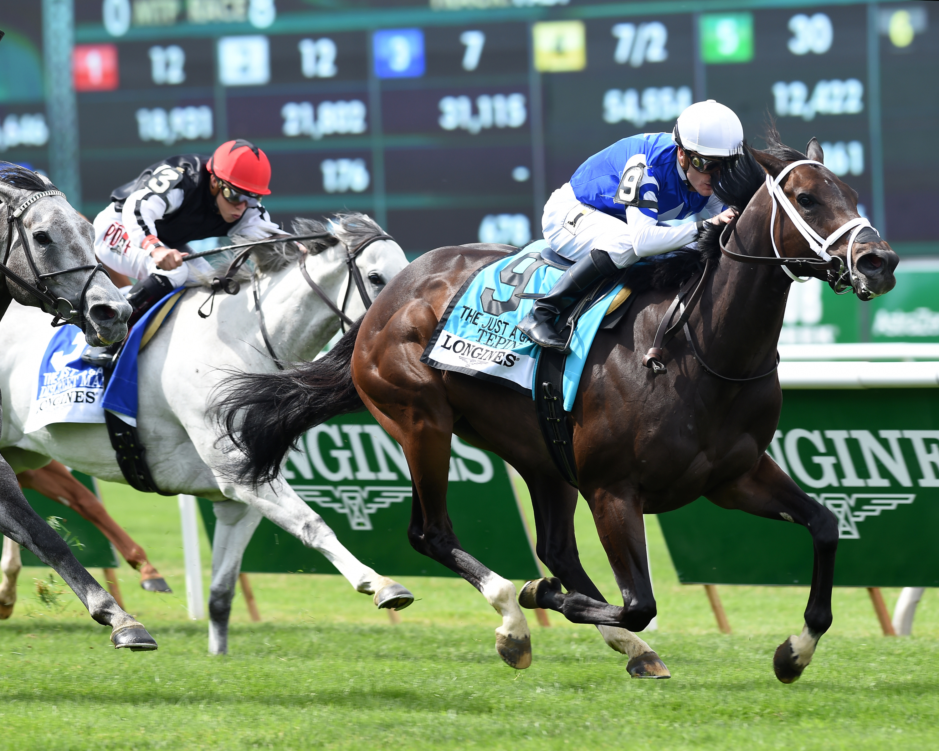 Tepin, Julien Leparoux up, winning the 2015 Just a Game Stakes at Belmont (NYRA)