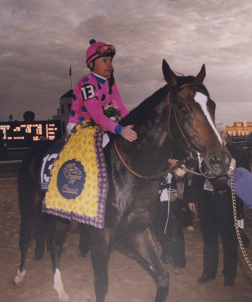 Tiznow (Chris McCarron up) after winning the 2000 Breeders' Cup Classic (Keeneland Library Thoroughbred Times Collection)