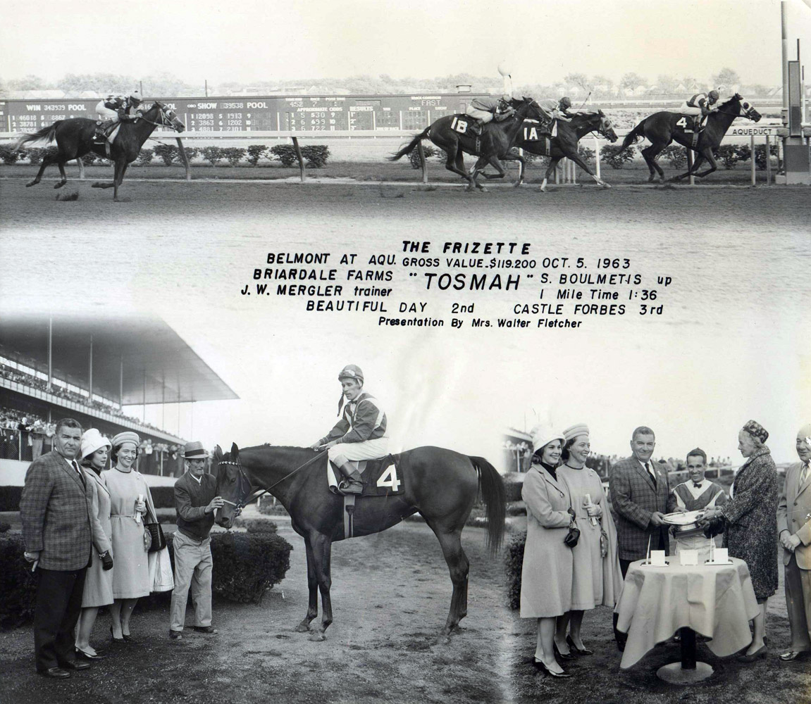 Win composite photograph for the 1963 Frizette, won by Tosmah with Sam Boulmetis up (NYRA/Museum Collection)