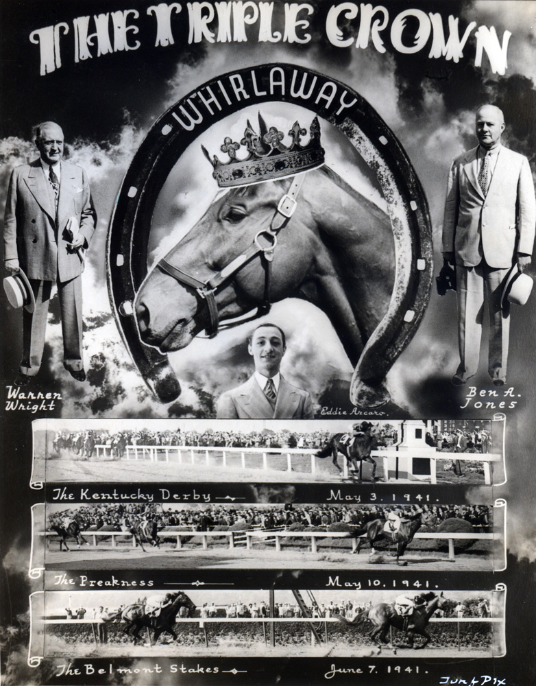 Photo collage celebrating Whirlaway's Triple Crown triumph in 1941 (TurfPix/Museum Collection)