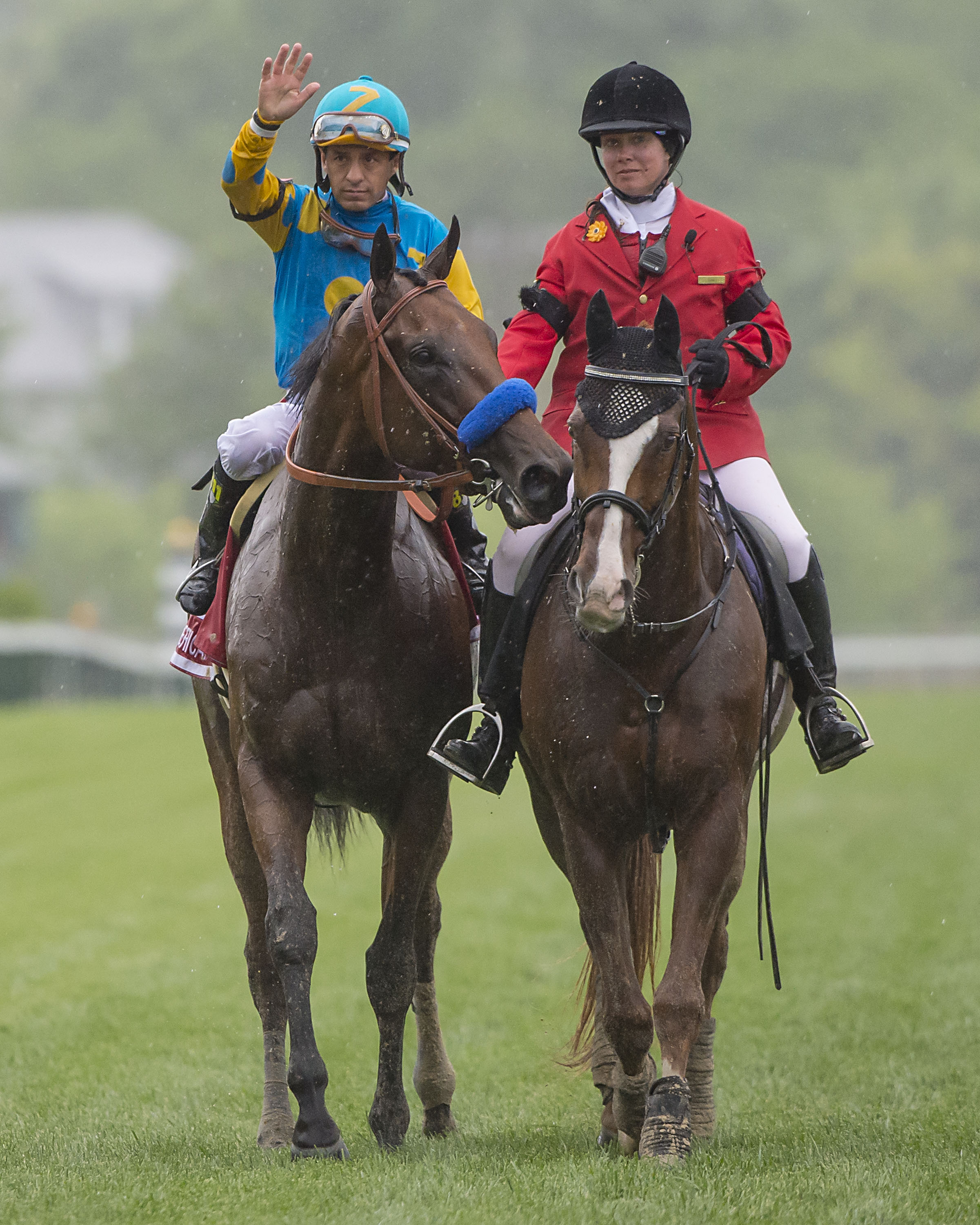 American Pharoah, Victor Espinoza up, after winning the 2015 Preakness Stakes (Eric Kalet)