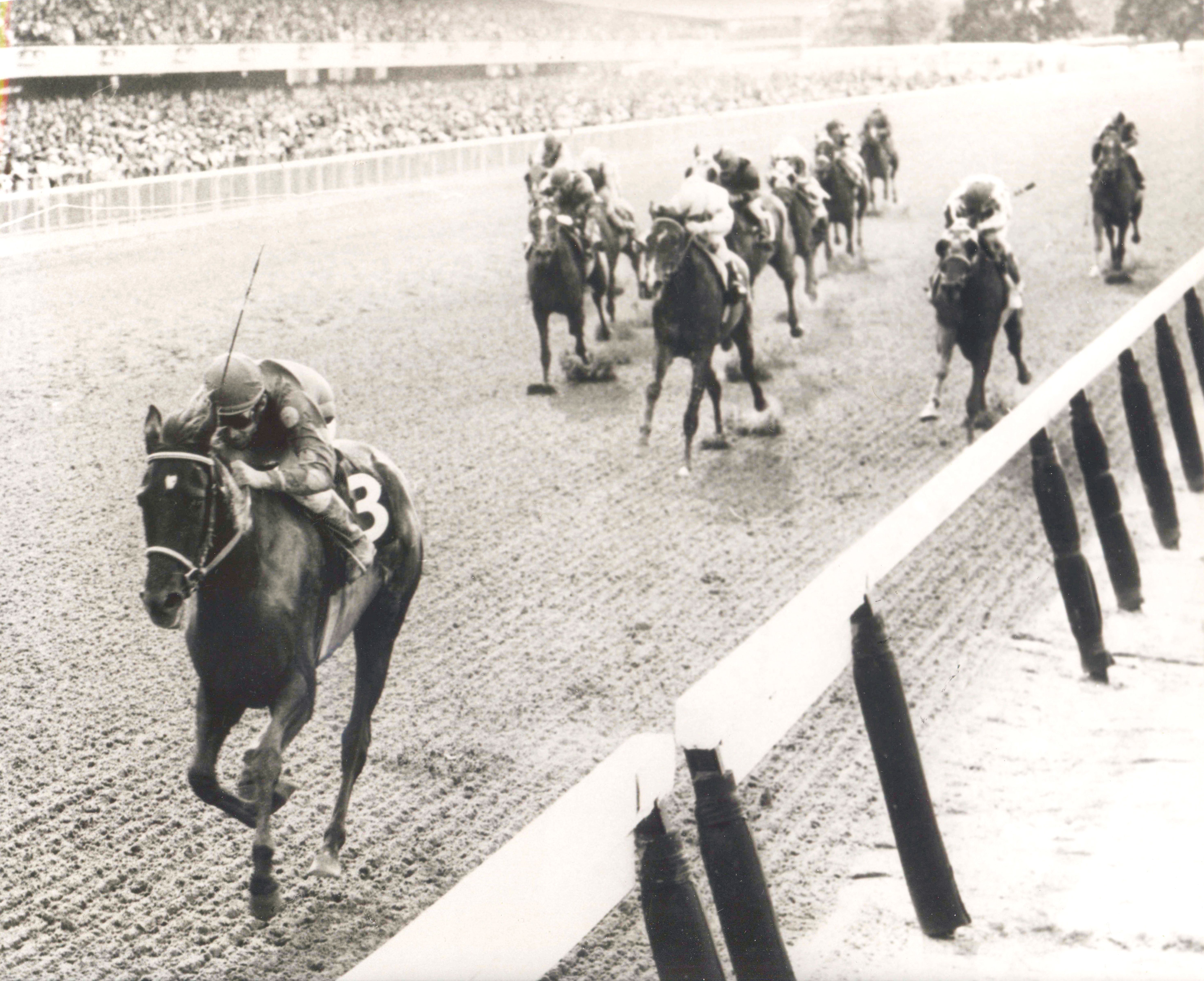 Dark Mirage (Manuel Ycaza up) wins the 1968 Acorn Stakes at Belmont Park (NYRA/Bob Coglianese /Museum Collection)