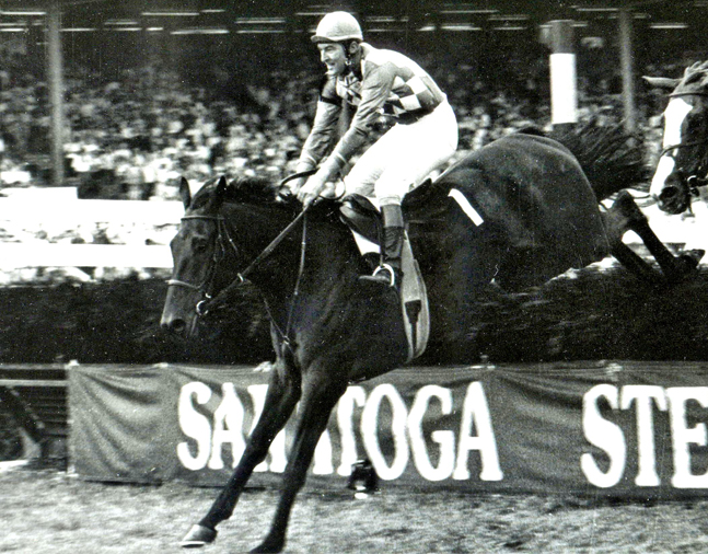 Flatterer (Jerry Fishback up) clearing a jump in his 1984 New York Turf Writers Handicap victory at Saratoga (NYRA/Museum Collection)