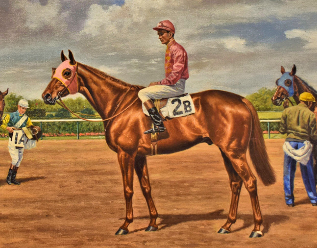 Painting of Neji (Frank "Dooley" Adams up) at the 1955 Temple Gwathmey at Belmont Park by Richard Stone Reeves, 1955 (Museum Collection)