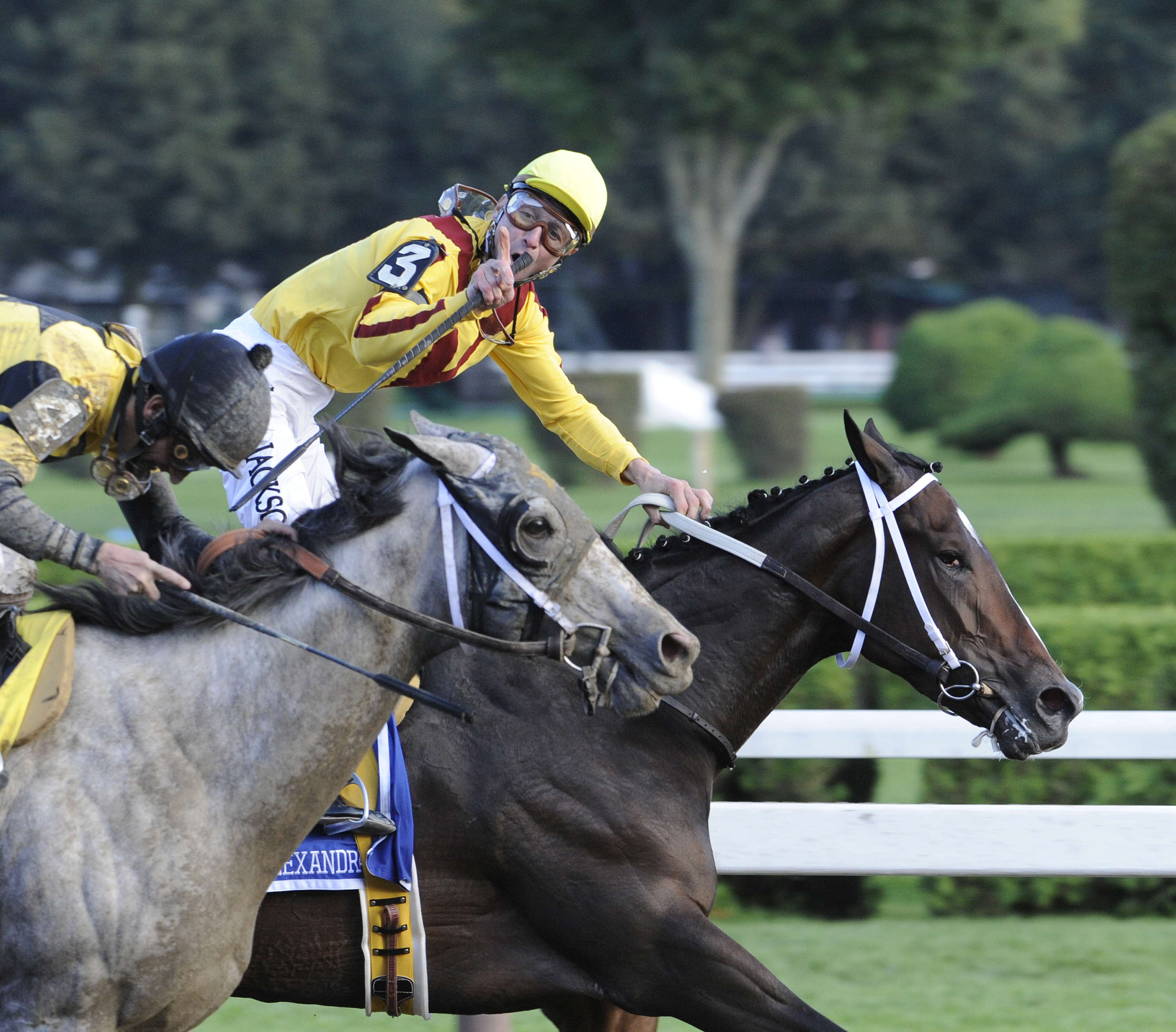 Rachel Alexandra (Calvin Borel up) winning the 2009 Woodward by a head, becoming the first filly in history to win this prestigious race (Skip Dickstein)