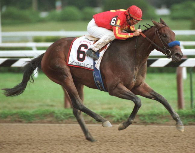 Silverbulletday (Jerry Bailey up) winning the 1999 Alabama at Saratoga (NYRA)