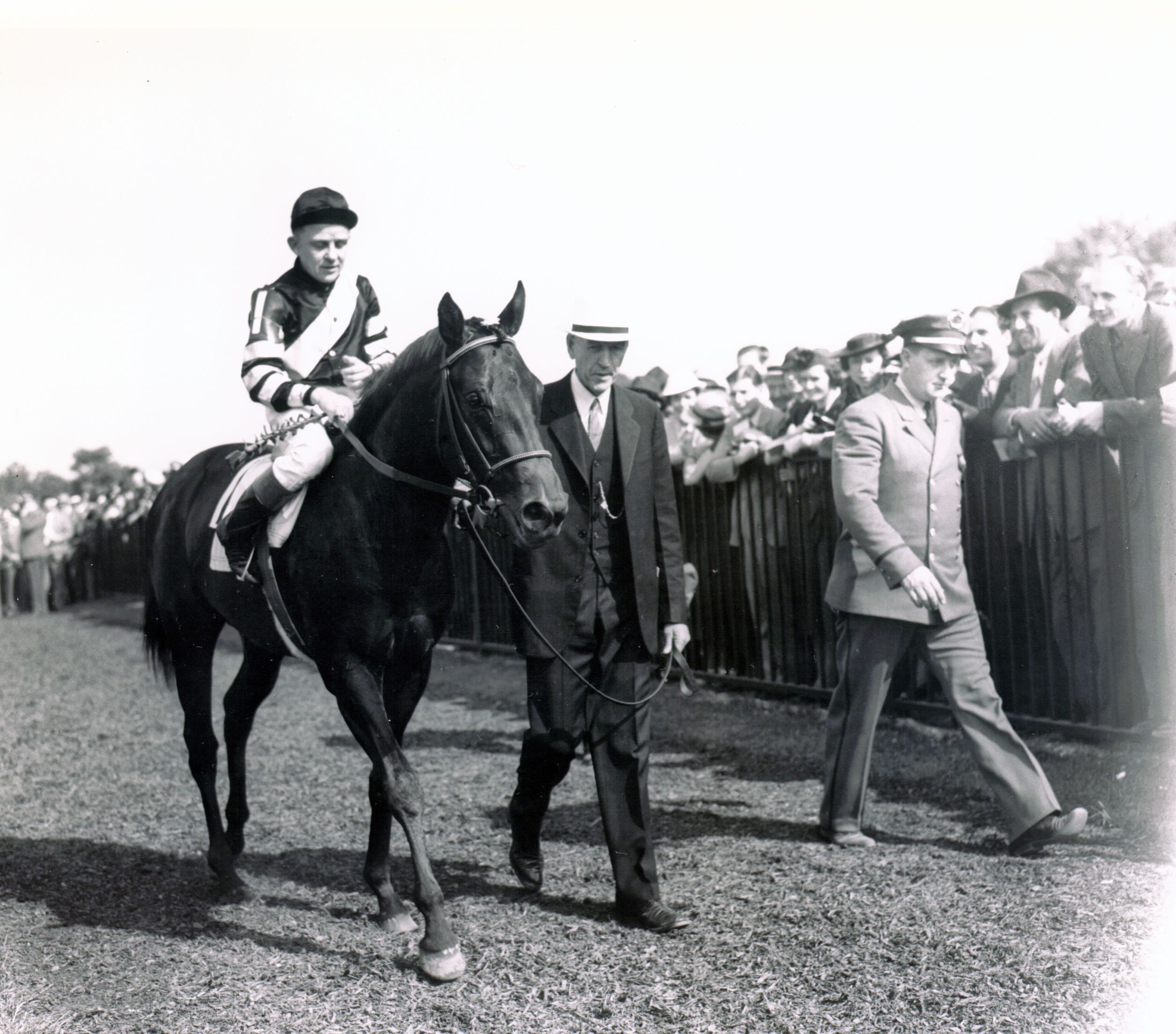 War Admiral (Charles Kurtsinger up) with trainer George Conway at the 1937 Belmont Stakes (Keeneland Library Morgan Collection/Museum Collection)