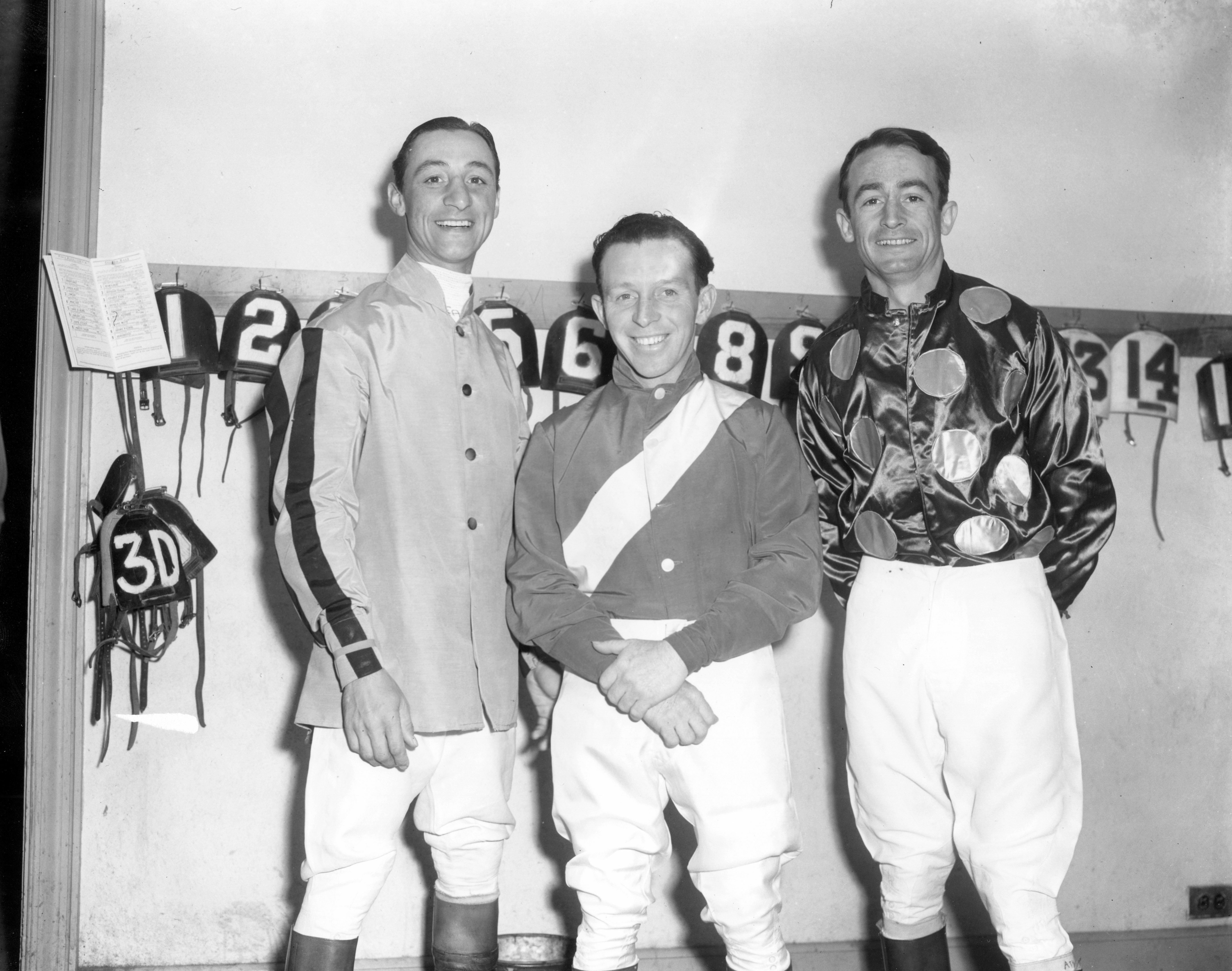 Eddie Arcaro, John Adams and Ted Atkinson in the jock's room (Keeneland Library Morgan Collection/Museum Collection)