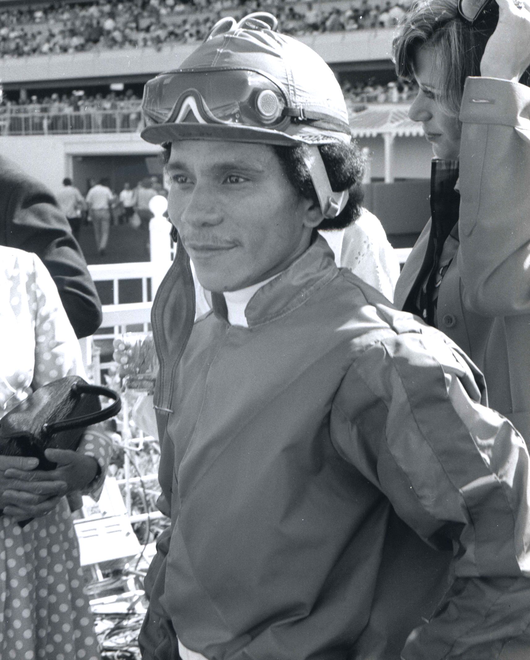 Jorge Velasquez after winning the $350,000 match race with Hall of Famer Chris Evert (against Miss Musket) at Hollywood Park on July 20, 1974 (Bill Mochon/Museum Collection)