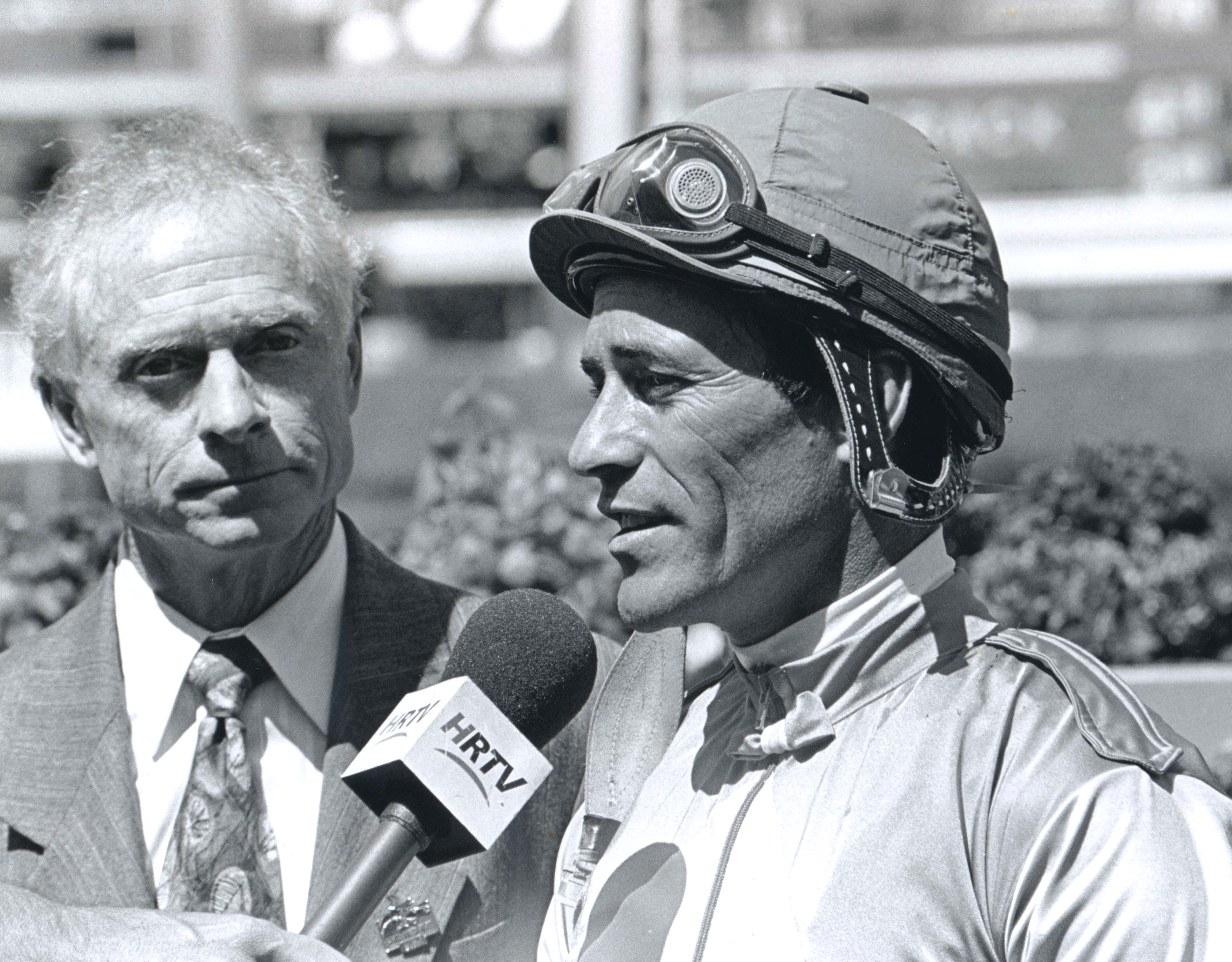 Gary Steven expresses gratitude for tribute in the winners circle celebration on his record nine wins of the Santa Anita Derby, April 19, 2003 (Bill Mochon/Museum Collection)