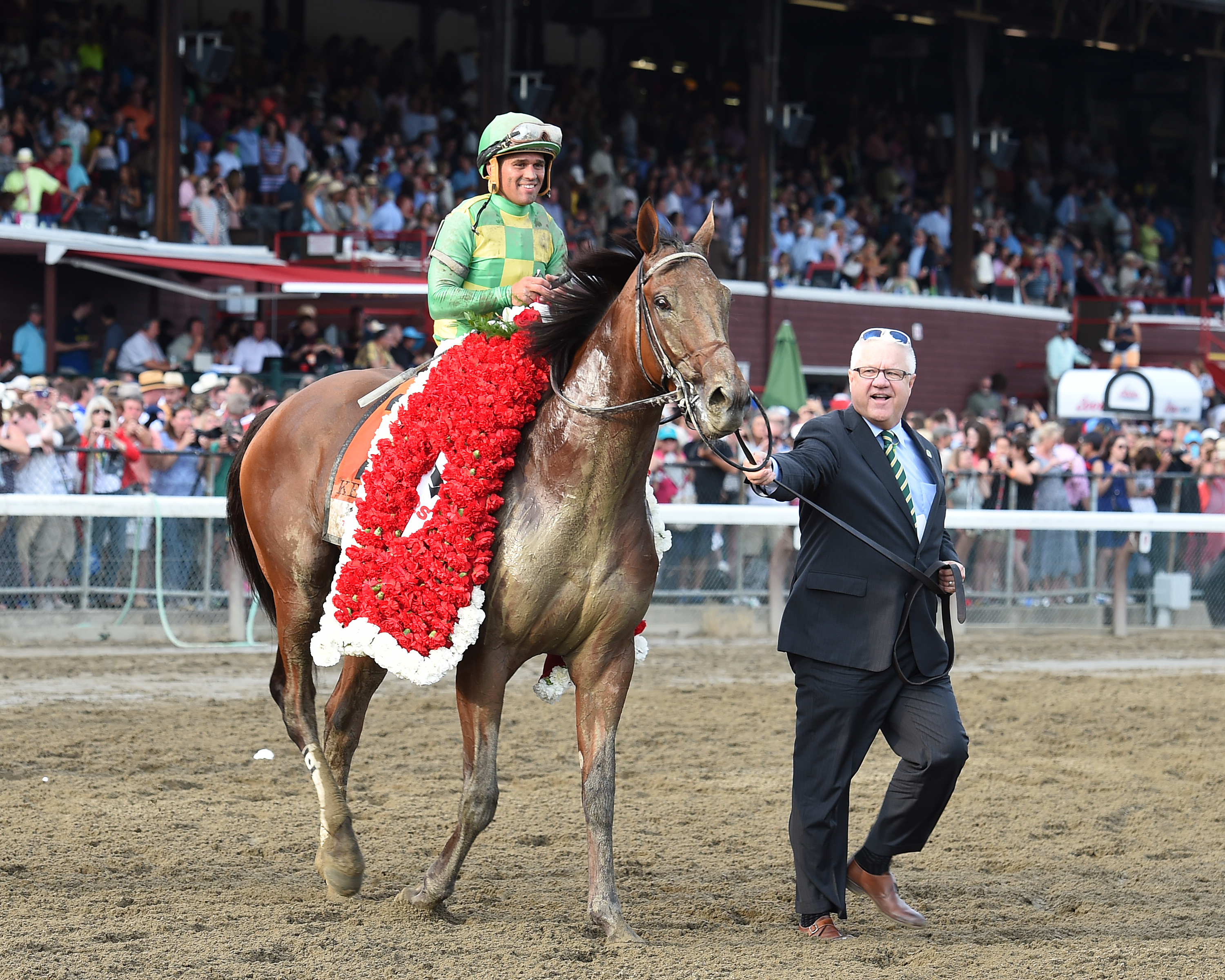 Javier Castellano after winning his record fifth Travers Stakes aboard Keen Ice (NYRA)