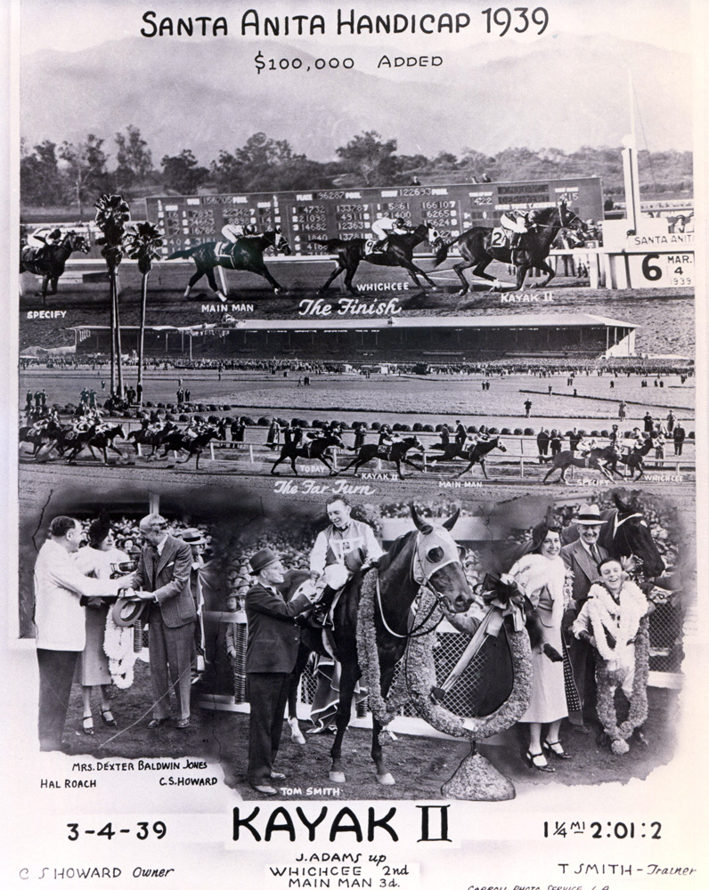 Win composite photograph for the 1939 Santa Anita Handicap won by Kayak II with John Adams up (Santa Anita Park/Museum Collection)