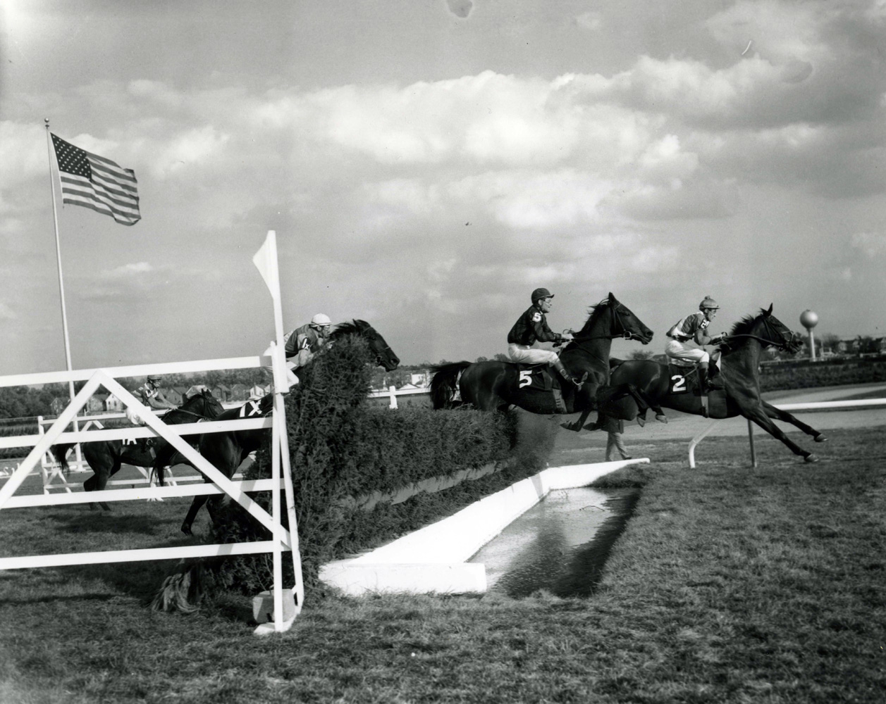 Joe Aitcheson and Peal clear the water obstacle in the 1961 Temple Gwathmey at Aqueduct (Keeneland Library Morgan Collection/Museum Collection)