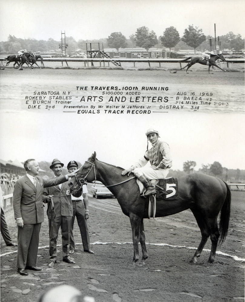 Win composite photograph for the 100th running of the Travers Stakes, won by Arts and Letters (Braulio Baeza up) (NYRA/Museum Collection)
